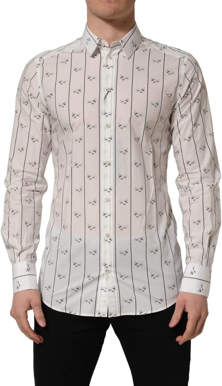 Dolce & Gabbana White Bee Print Cotton GOLD Fit Dress Shirt Wit