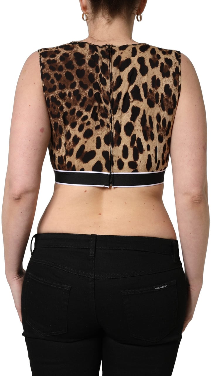 Dolce & Gabbana Brown Leopard Print Cropped Silk Tank Top Bruin