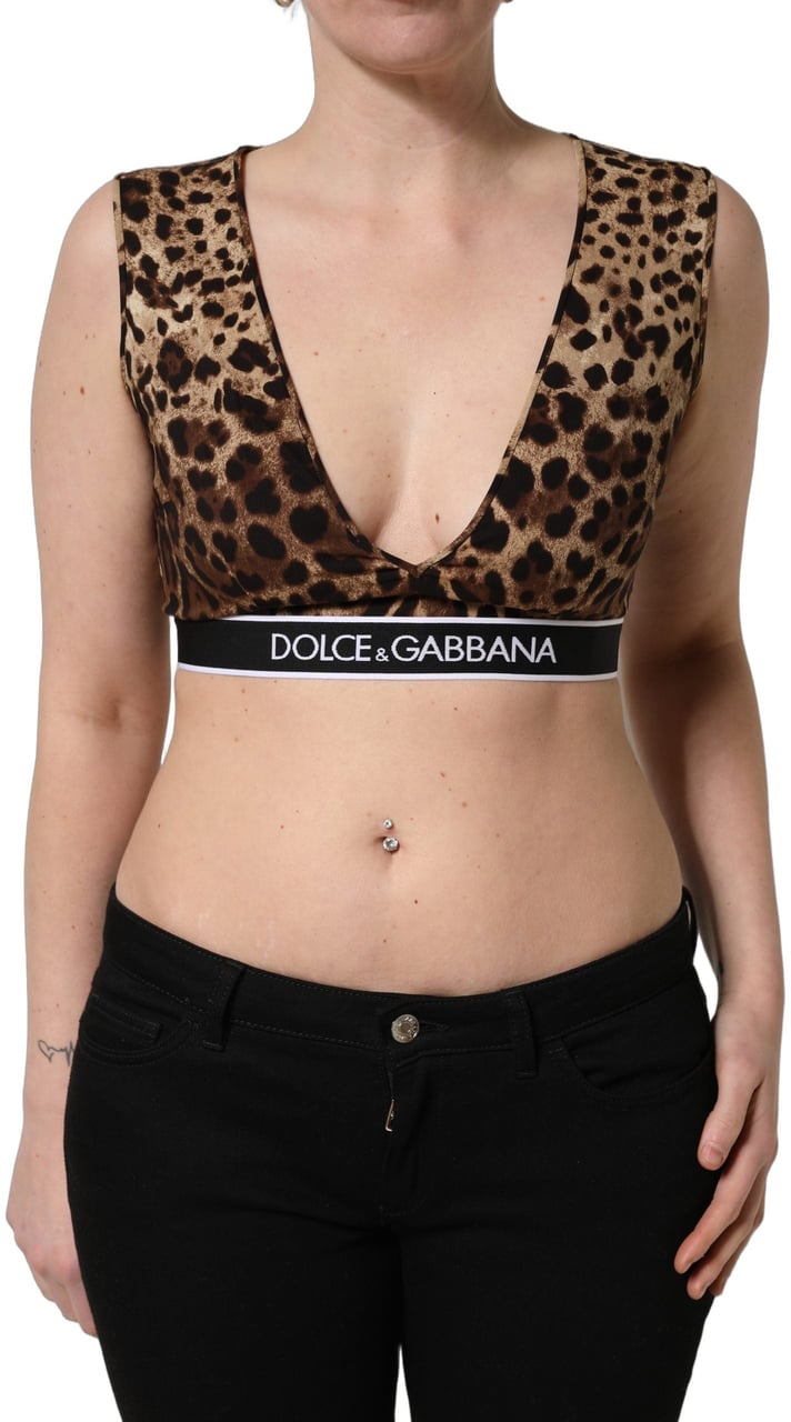 Dolce & Gabbana Brown Leopard Print Cropped Silk Tank Top Bruin