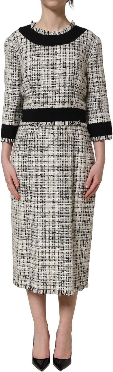 Dolce & Gabbana Multicolor Bouclé Tweed Frayed Trim Midi Dress Divers