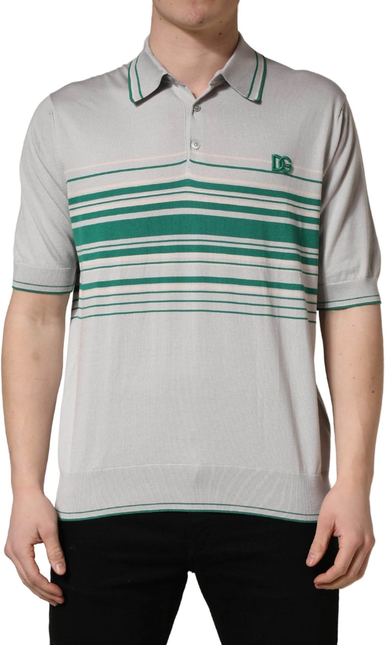 Dolce & Gabbana Gray Green Striped Logo Silk Polo T-shirt Grijs