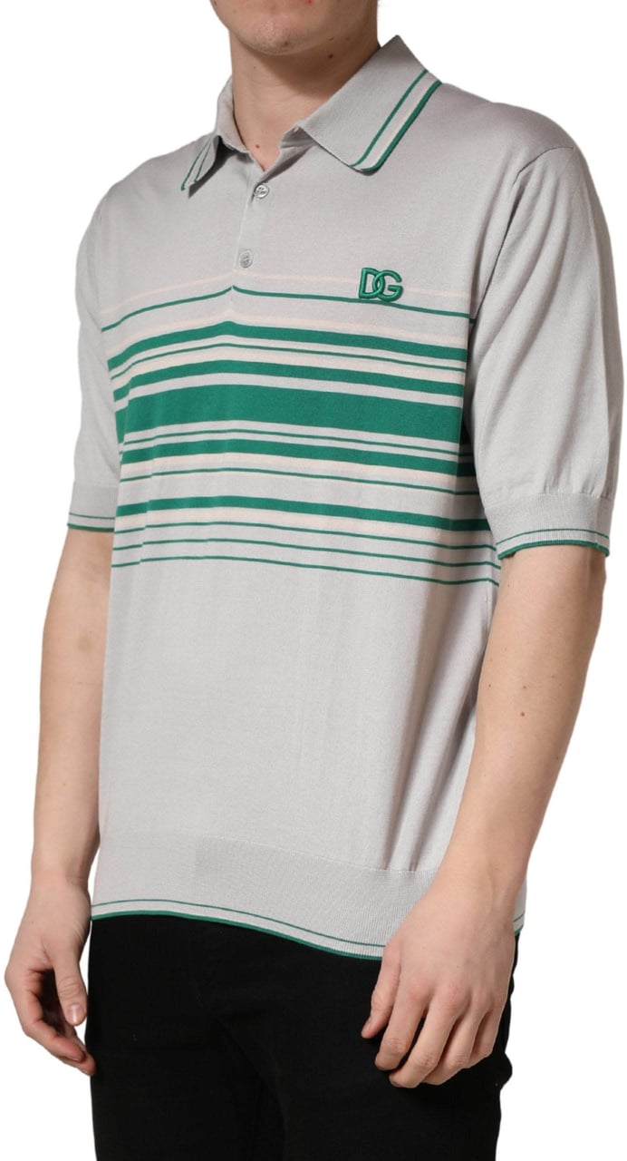 Dolce & Gabbana Gray Green Striped Logo Silk Polo T-shirt Grijs