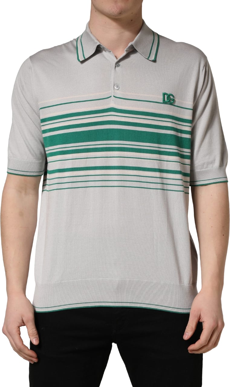 Dolce & Gabbana Gray Green Striped Logo Silk Polo T-shirt Grijs