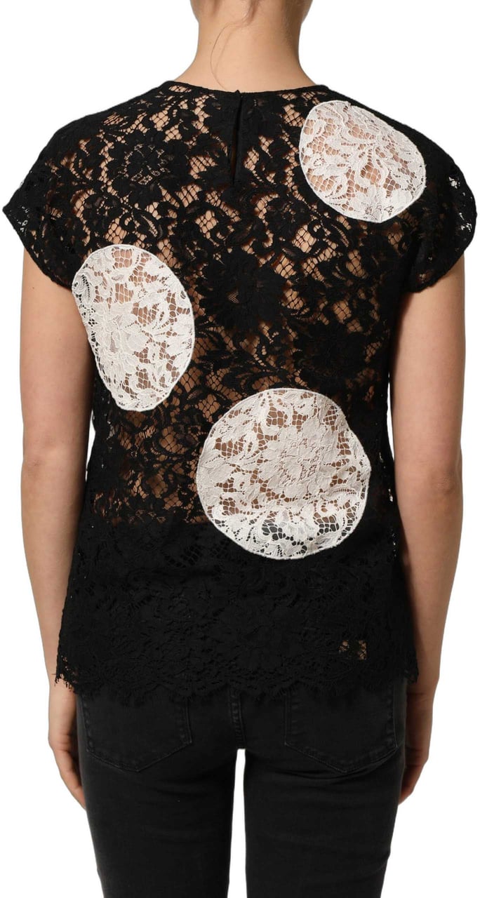 Dolce & Gabbana Black White Floral Lace Short Sleeve Blouse Top Zwart