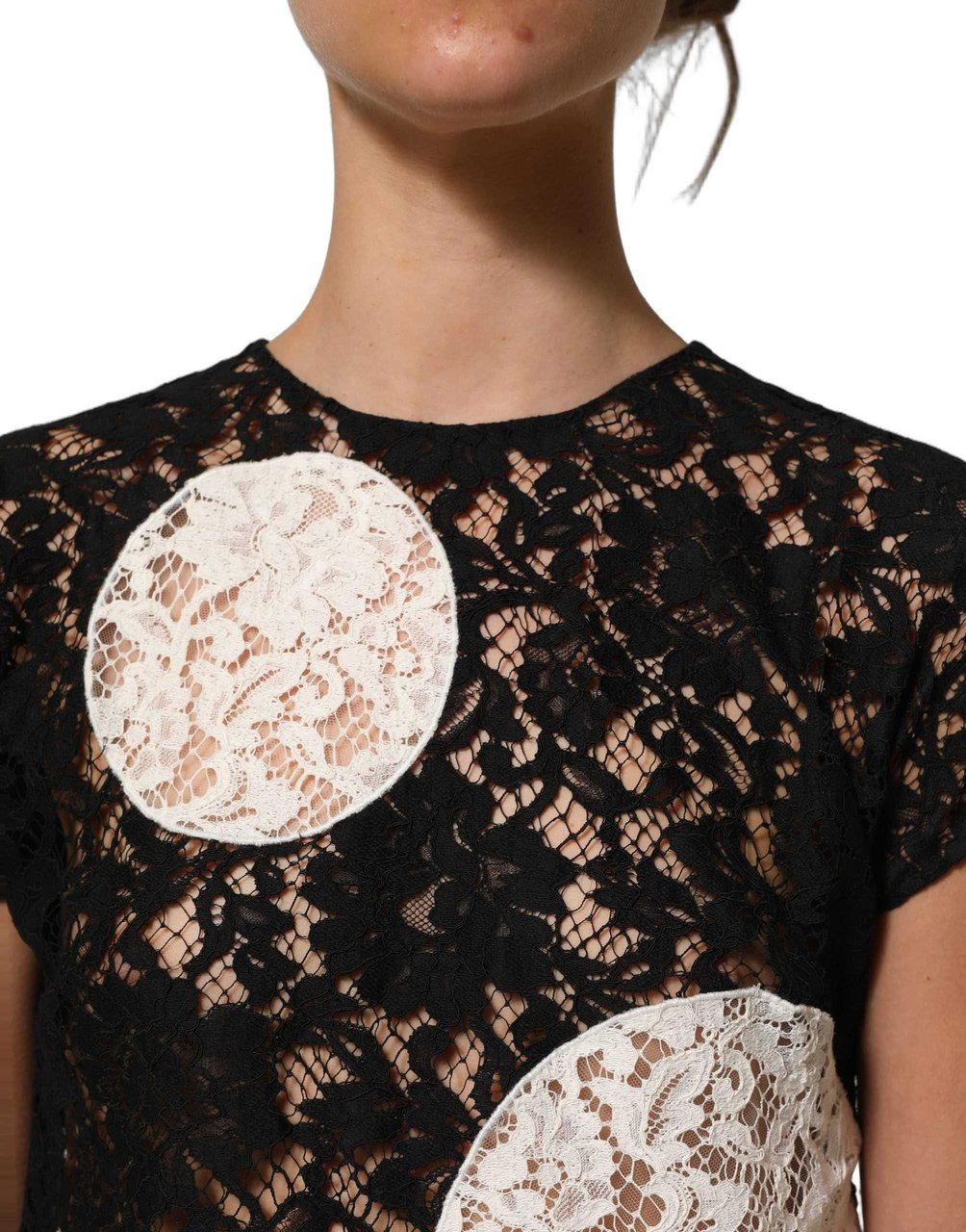 Dolce & Gabbana Black White Floral Lace Short Sleeve Blouse Top Zwart