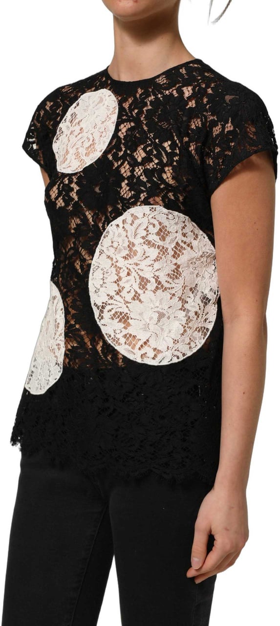 Dolce & Gabbana Black White Floral Lace Short Sleeve Blouse Top Zwart