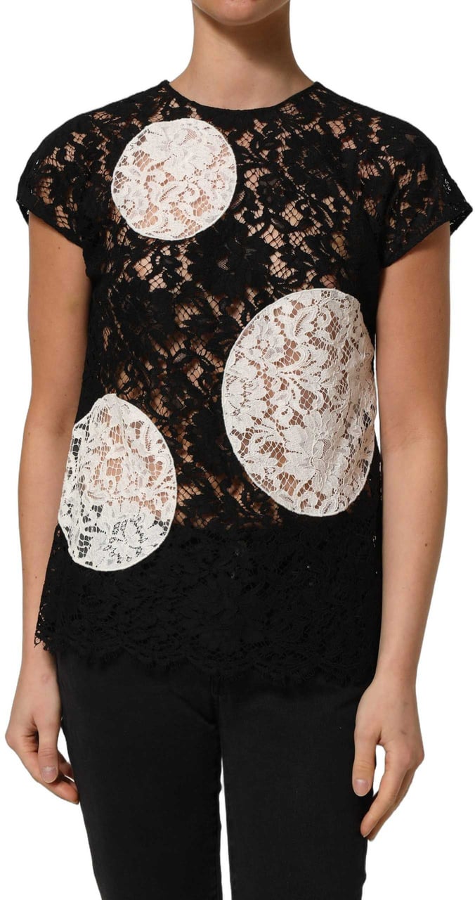 Dolce & Gabbana Black White Floral Lace Short Sleeve Blouse Top Zwart