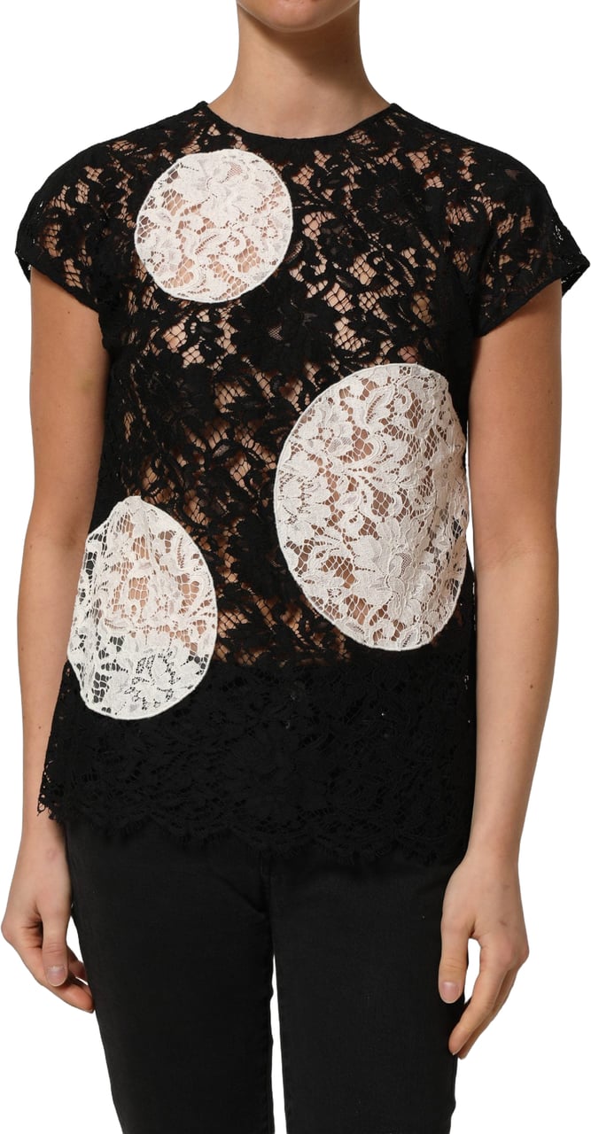 Dolce & Gabbana Black White Floral Lace Short Sleeve Blouse Top Zwart