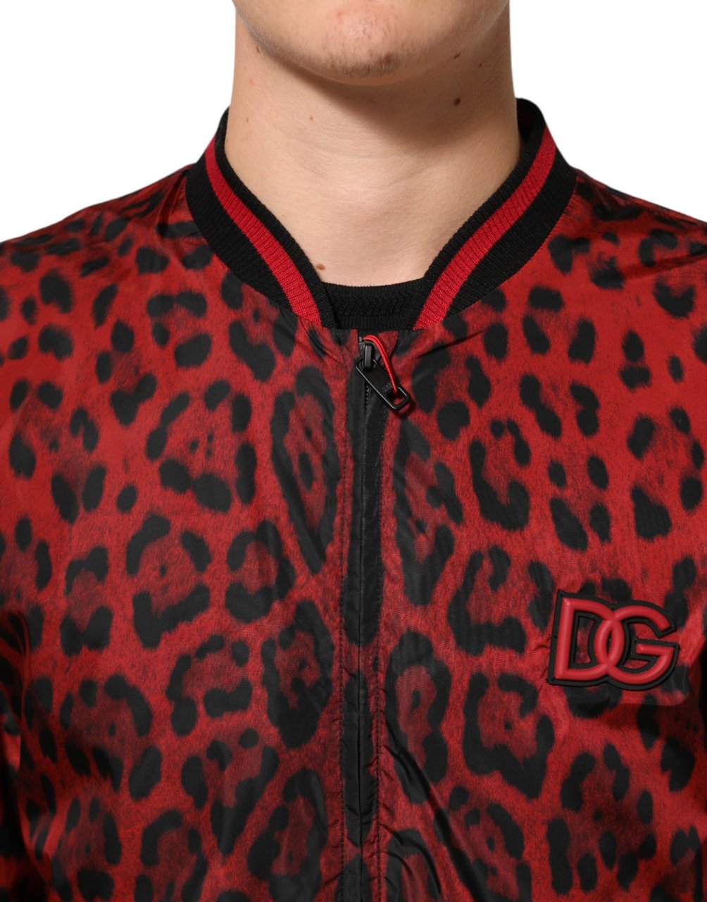 Dolce & Gabbana Red Leopard Print Full Zip Bomber Men Jacket Rood