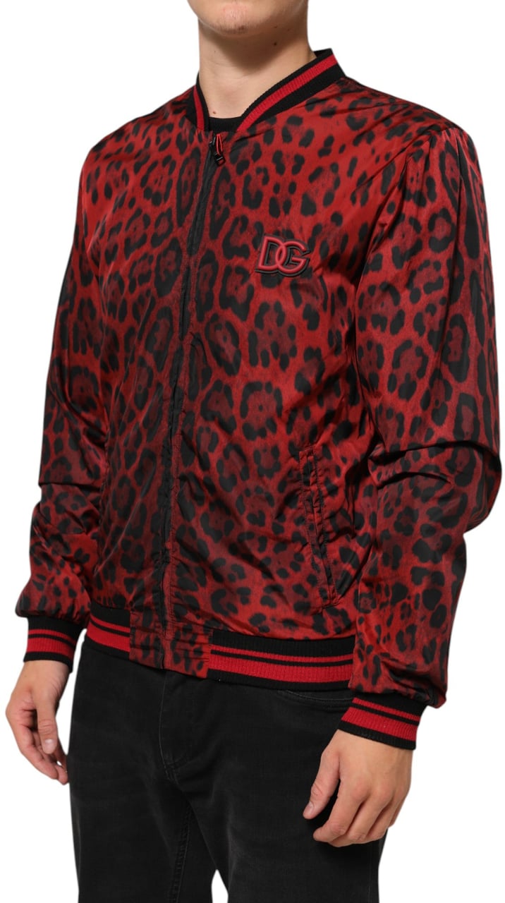 Dolce & Gabbana Red Leopard Print Full Zip Bomber Men Jacket Rood