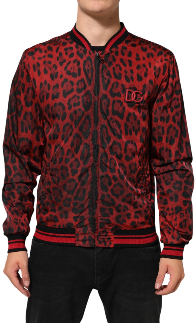 Dolce & Gabbana Red Leopard Print Full Zip Bomber Men Jacket Rood