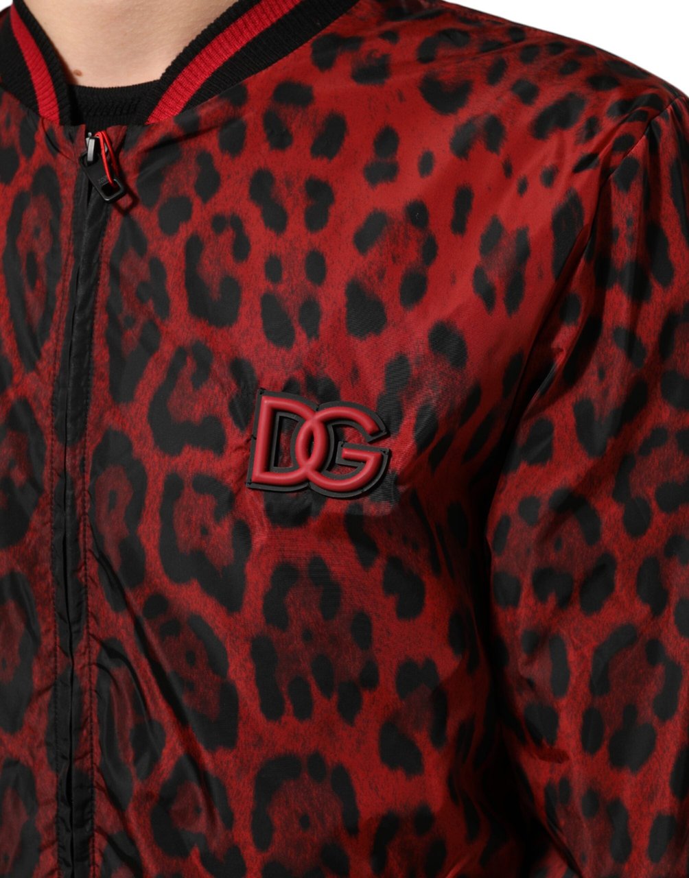 Dolce & Gabbana Red Leopard Print Full Zip Bomber Men Jacket Rood