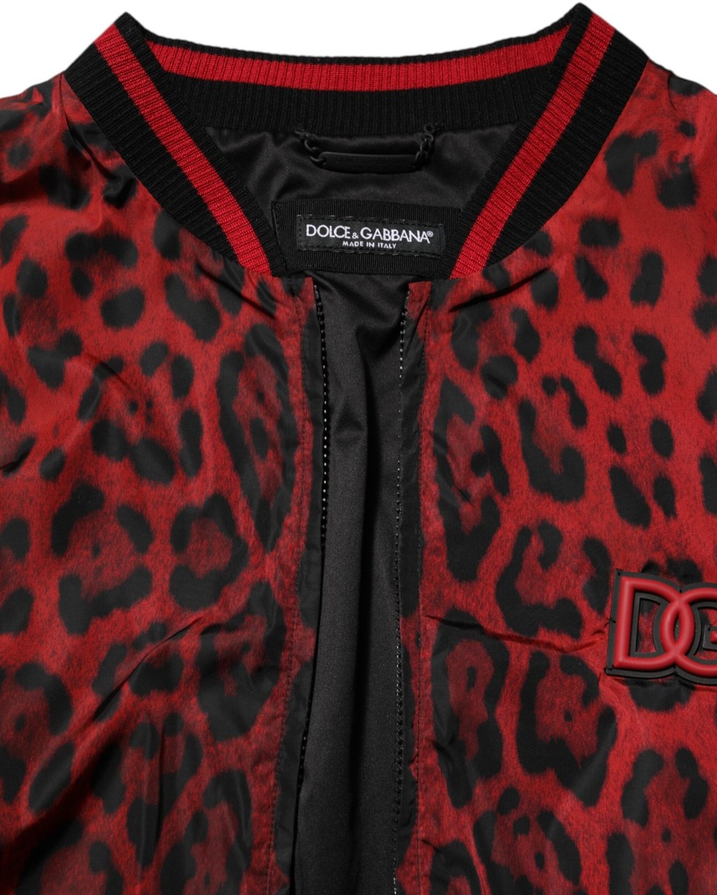 Dolce & Gabbana Red Leopard Print Full Zip Bomber Men Jacket Rood