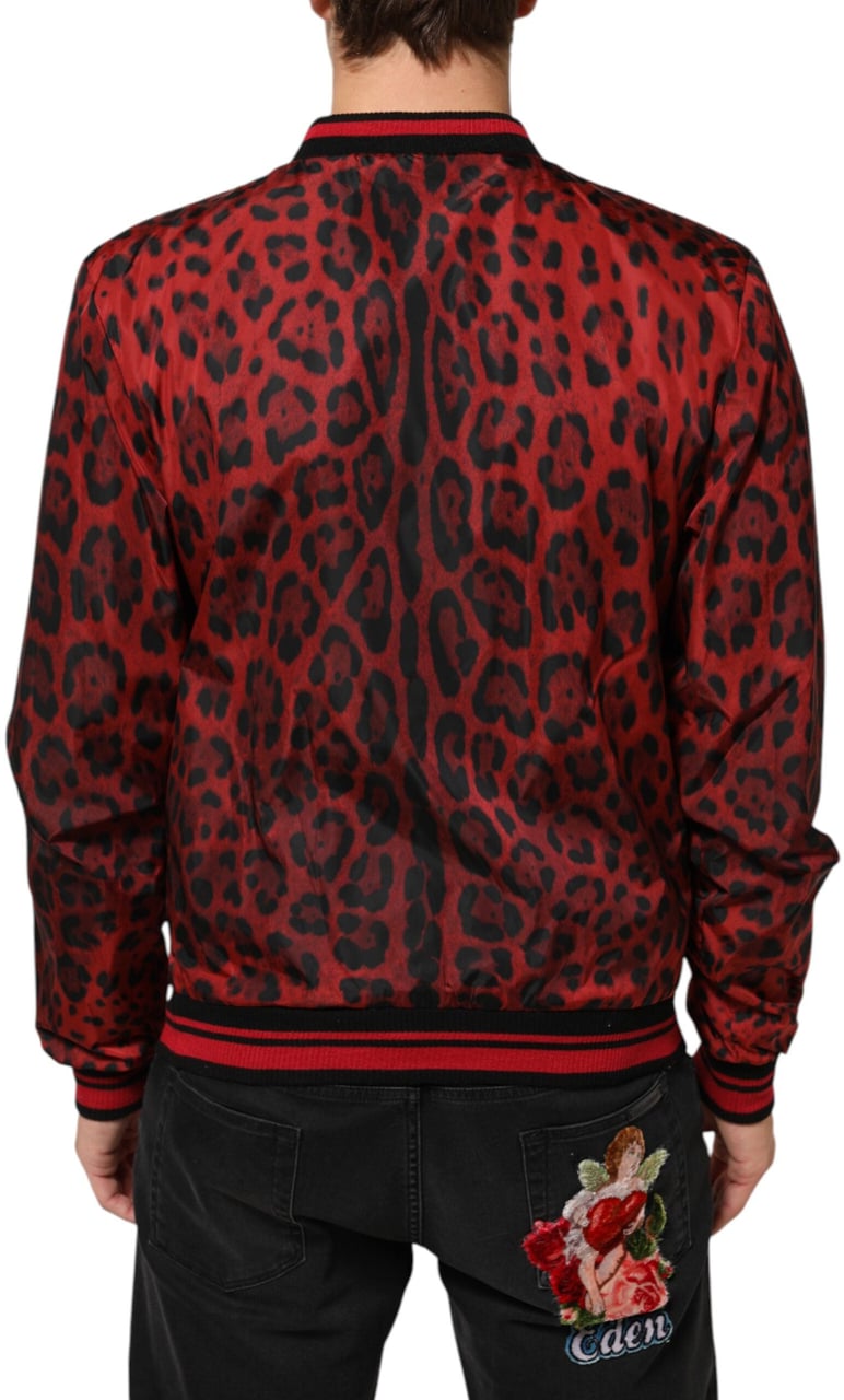 Dolce & Gabbana Red Leopard Print Full Zip Bomber Men Jacket Rood