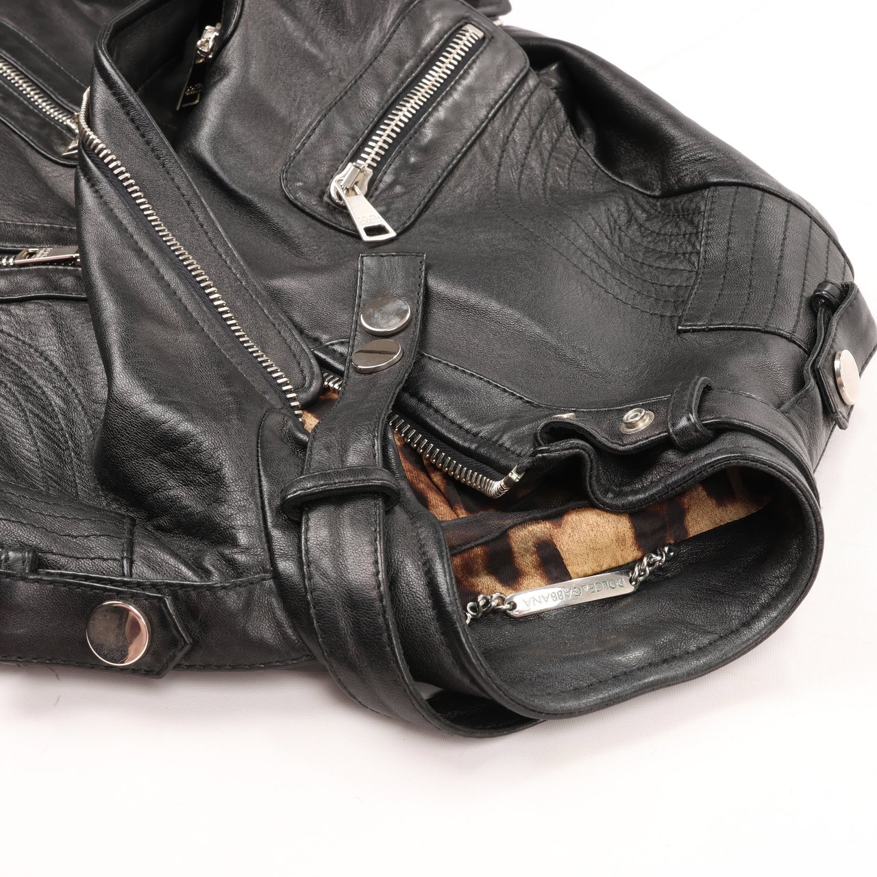 Dolce & Gabbana Dolce & Gabbana Black Leather and Leopard Biker Jacket, Size 38 Zwart