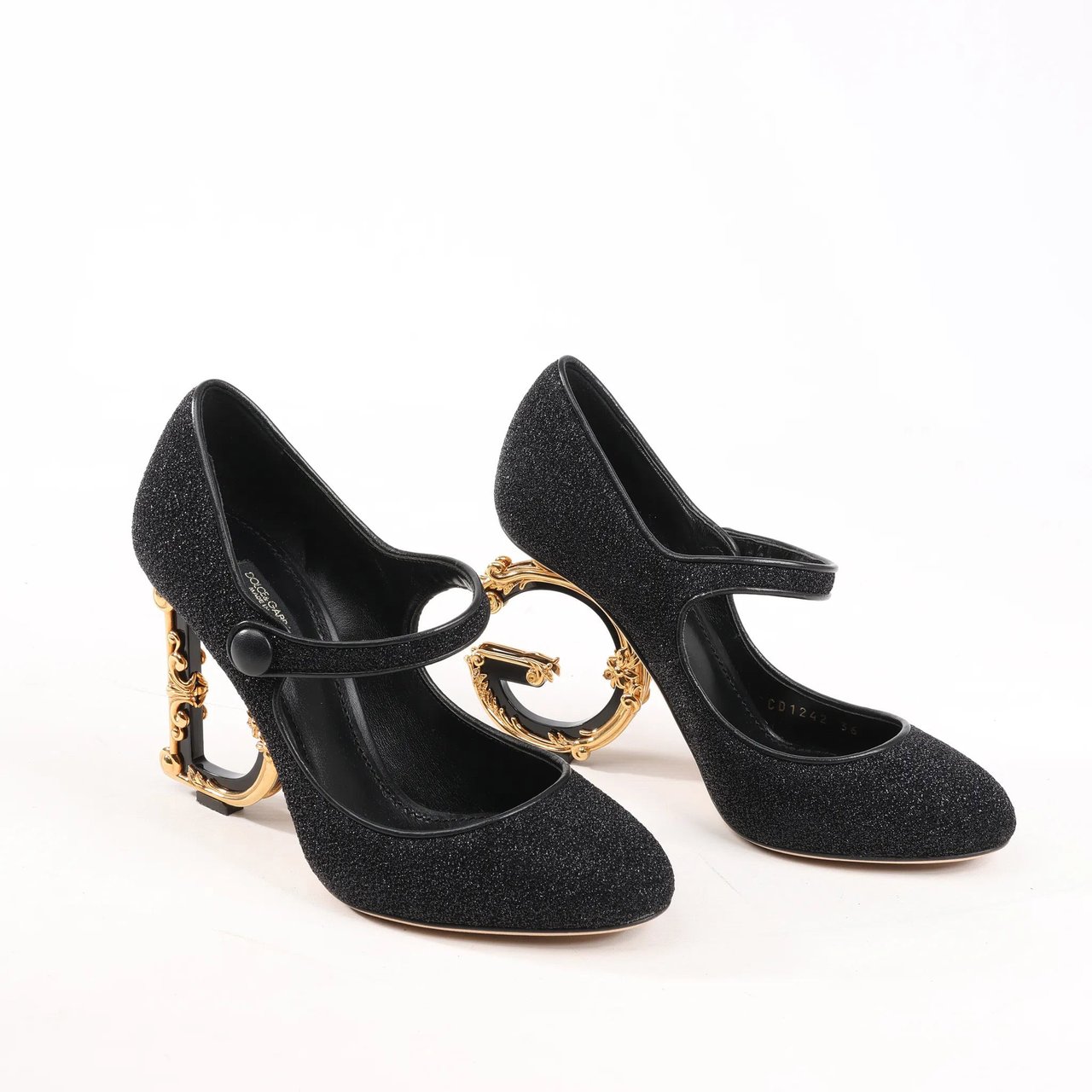 Dolce & Gabbana Dolce & Gabbana Cloth x Glitter DG logo Mary Jane Heels Baroque in Black, Size 36 EU Zwart
