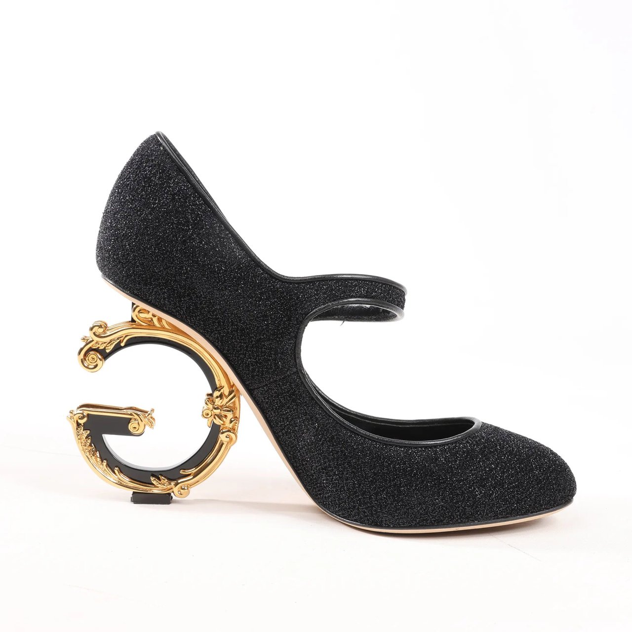 Dolce & Gabbana Dolce & Gabbana Cloth x Glitter DG logo Mary Jane Heels Baroque in Black, Size 36 EU Zwart