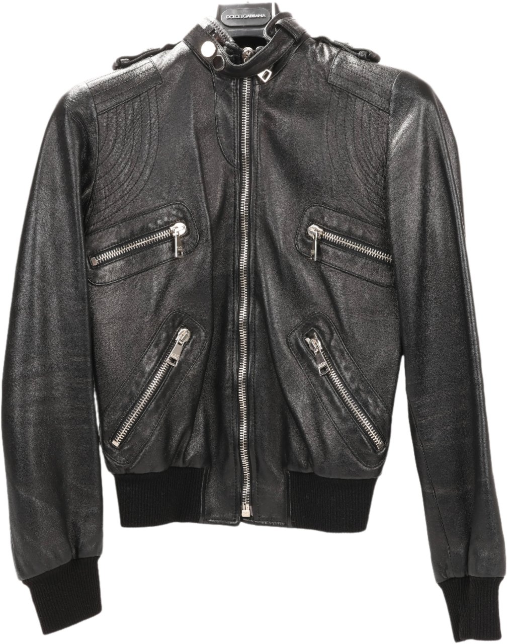 Dolce & Gabbana Dolce & Gabbana Black Leather and Leopard Biker Jacket, Size 38 Zwart