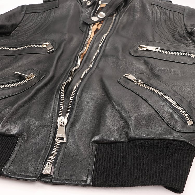 Dolce & Gabbana Black Leather and Leopard Biker Jacket, Size 38 Zwart