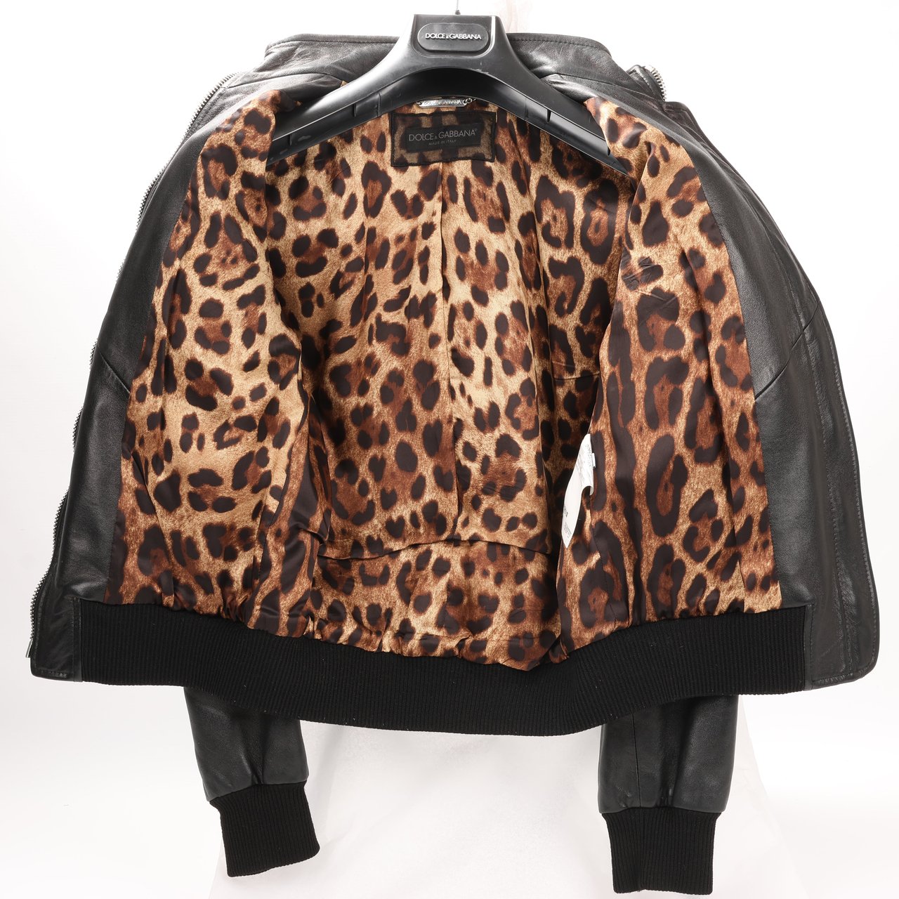Dolce & Gabbana Black Leather and Leopard Biker Jacket, Size 38 Zwart