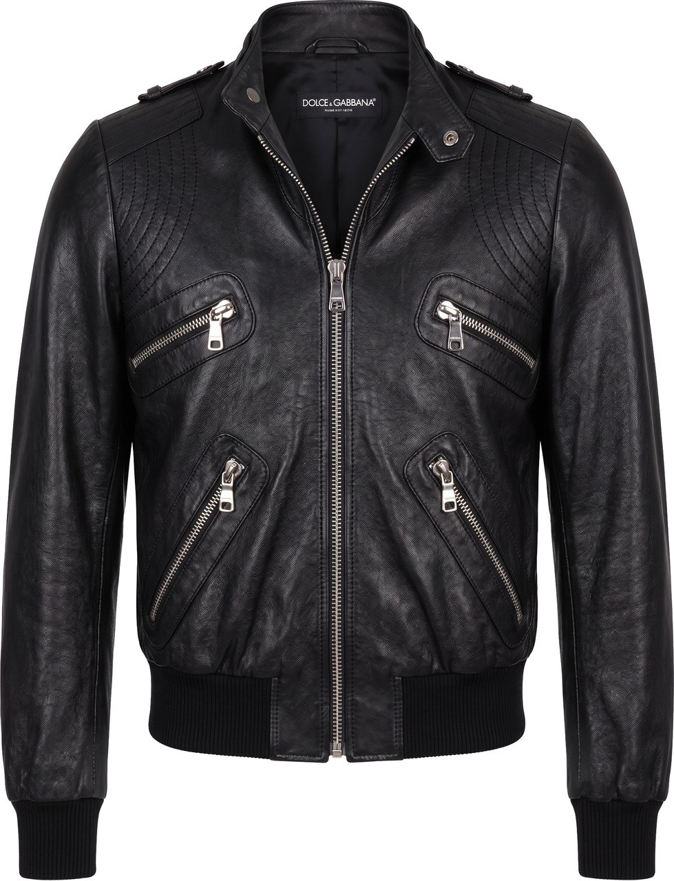 Dolce & Gabbana Black Leather and Leopard Biker Jacket, Size 38 Zwart