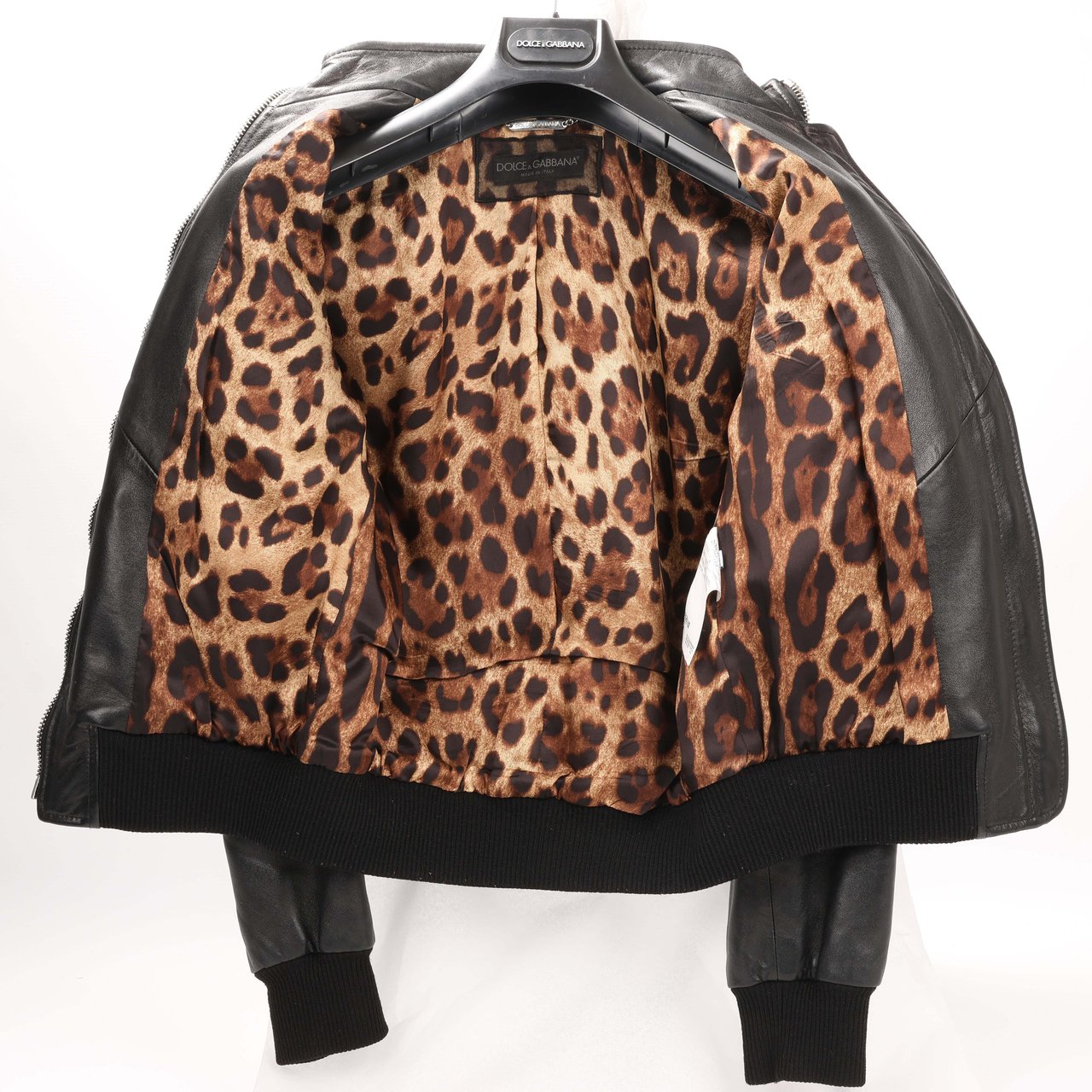 Dolce & Gabbana Black Leather and Leopard Biker Jacket, Size 38 Zwart