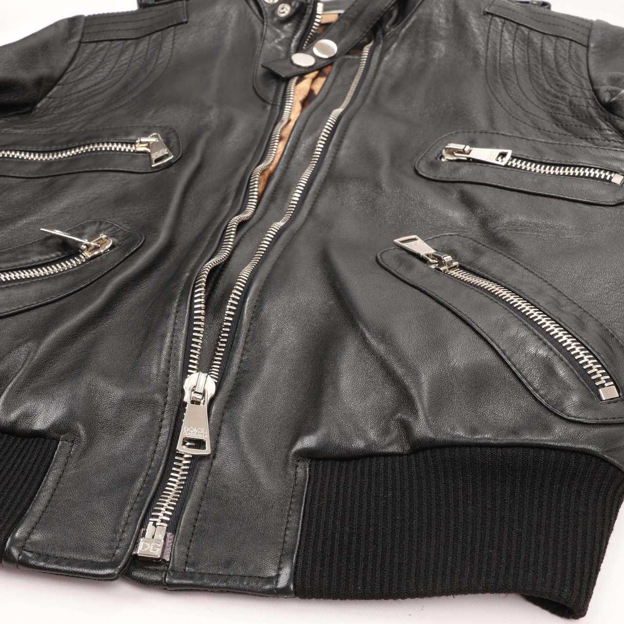 Dolce & Gabbana Black Leather and Leopard Biker Jacket, Size 38 Zwart