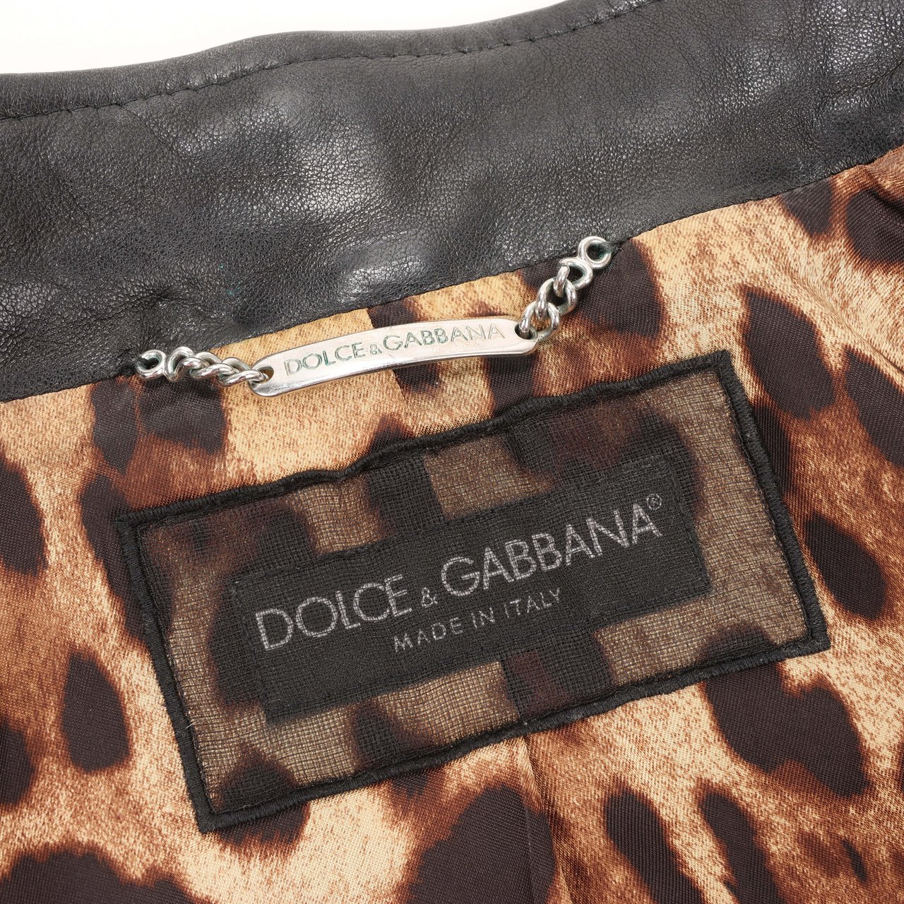 Dolce & Gabbana Black Leather and Leopard Biker Jacket, Size 38 Zwart