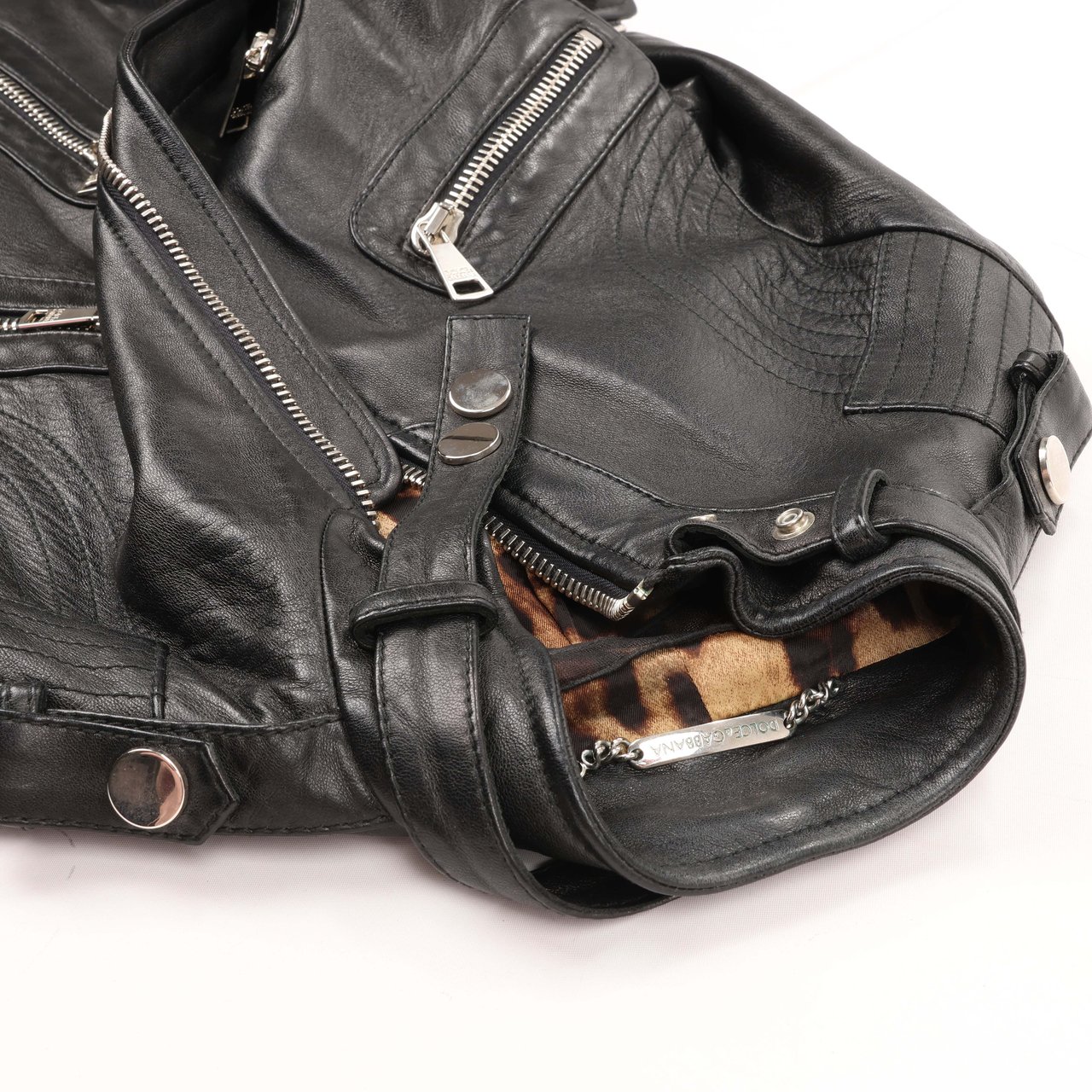 Dolce & Gabbana Black Leather and Leopard Biker Jacket, Size 38 Zwart