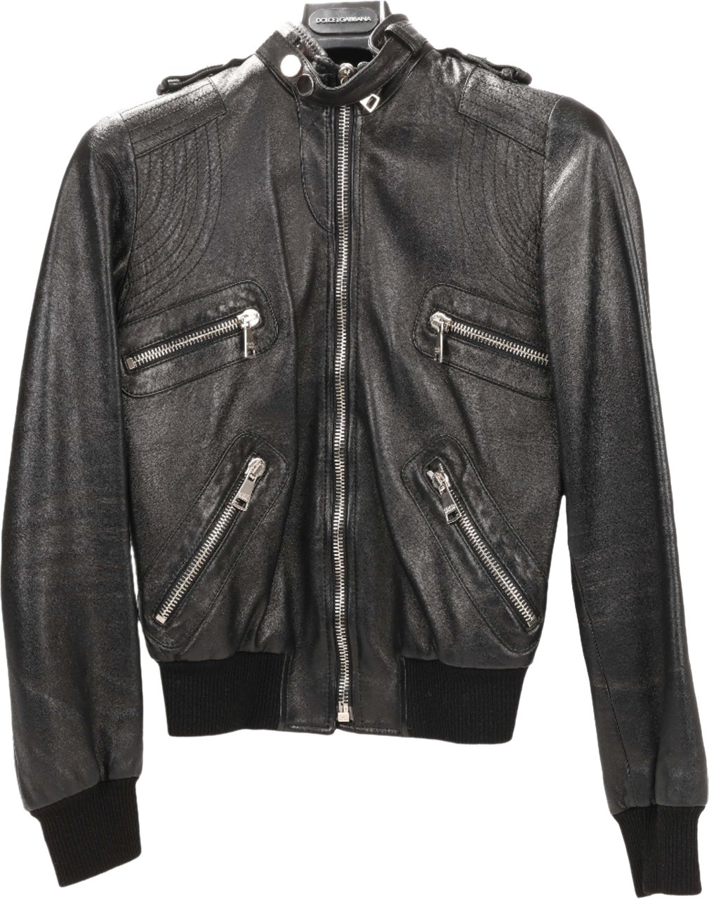 Dolce & Gabbana Black Leather and Leopard Biker Jacket, Size 38 Zwart