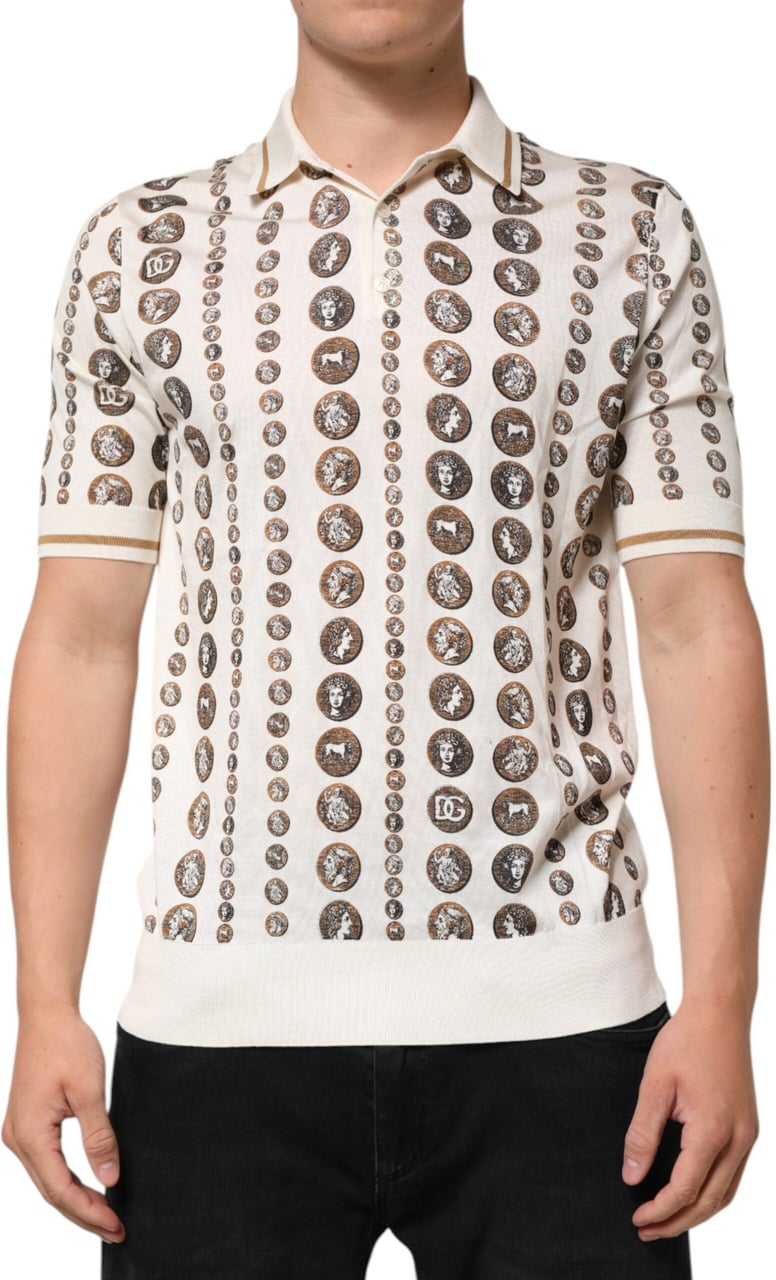 Dolce & Gabbana Silk Ivory Coin Print Logo Men Polo T-shirt Wit