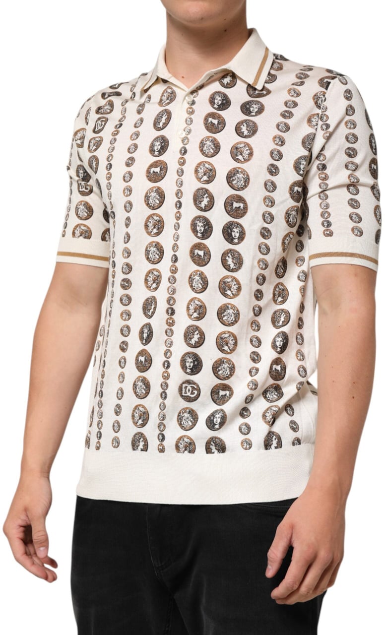 Dolce & Gabbana Silk Ivory Coin Print Logo Men Polo T-shirt Wit