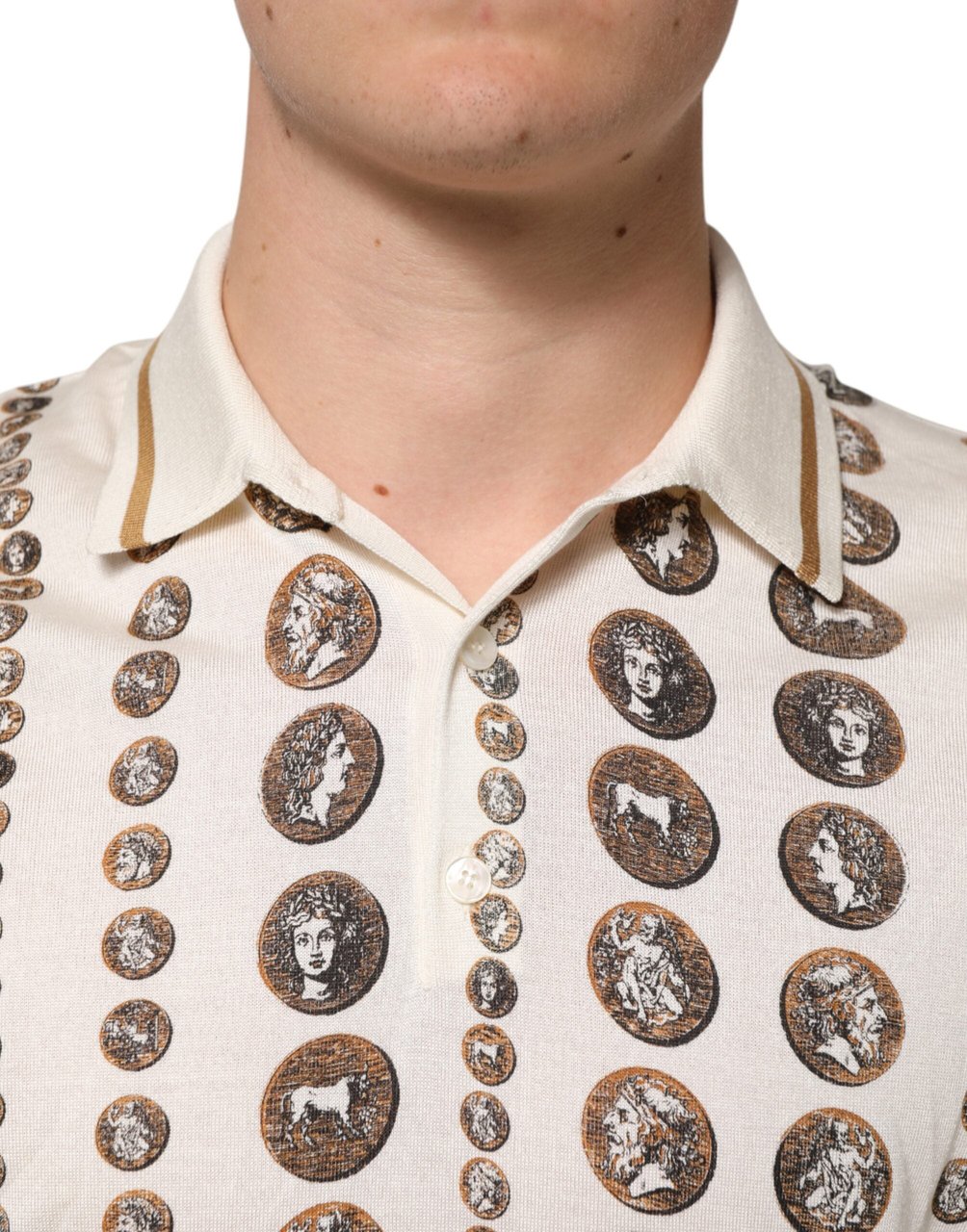 Dolce & Gabbana Silk Ivory Coin Print Logo Men Polo T-shirt Wit