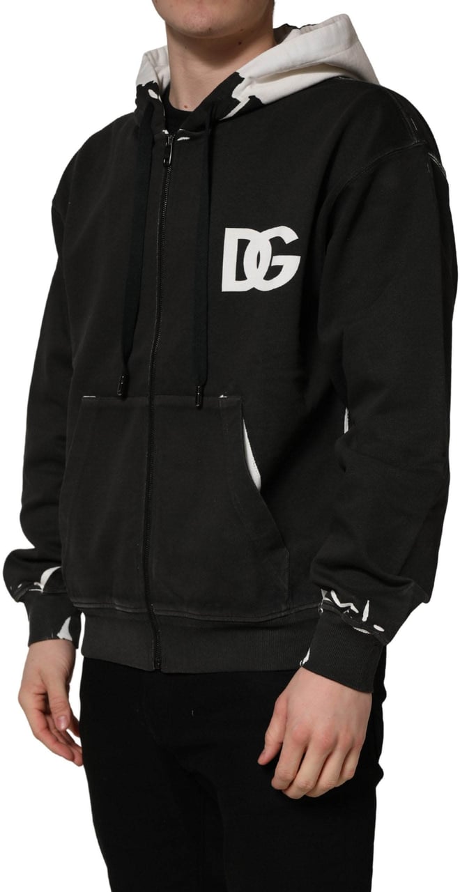 Dolce & Gabbana Black Cotton Logo Hooded Full Zip Sweater Zwart