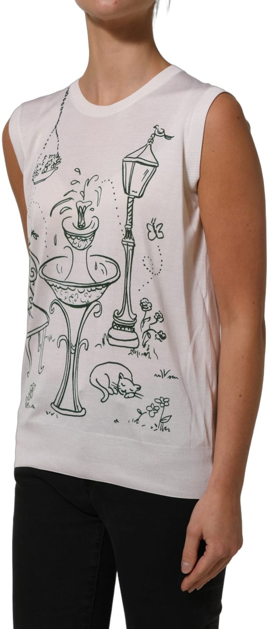 Dolce & Gabbana White Silk Knit Garden Fountain Print Tank Top Wit