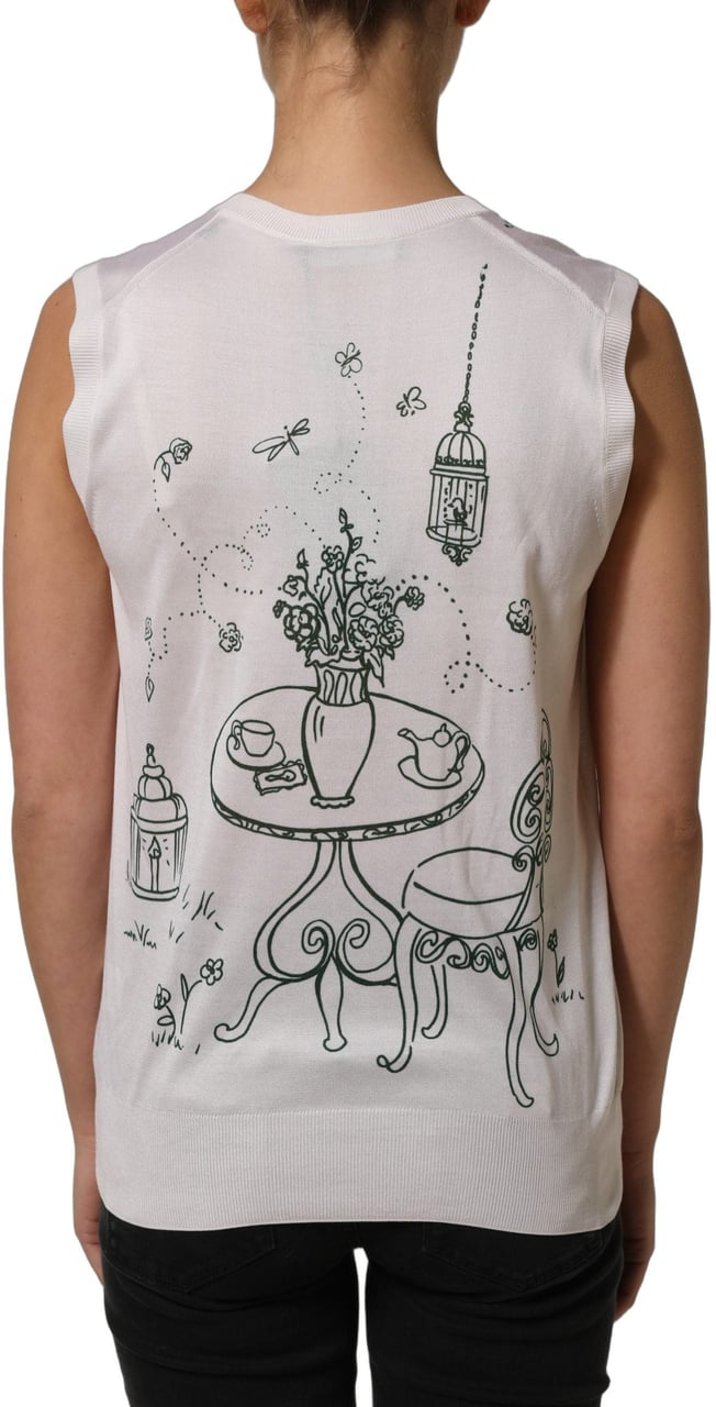Dolce & Gabbana White Silk Knit Garden Fountain Print Tank Top Wit