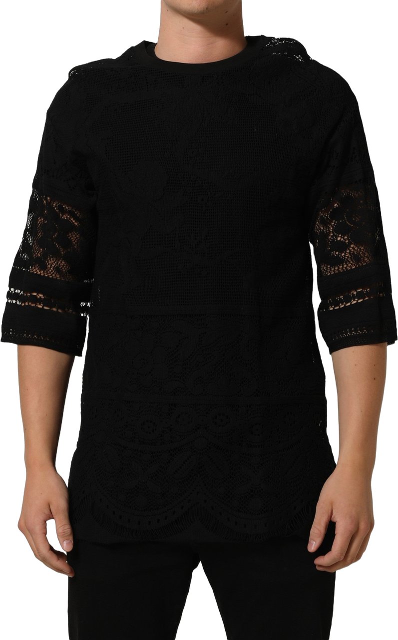 Dolce & Gabbana Black Cotton Floral Lace Crew Neck T-shirt Zwart