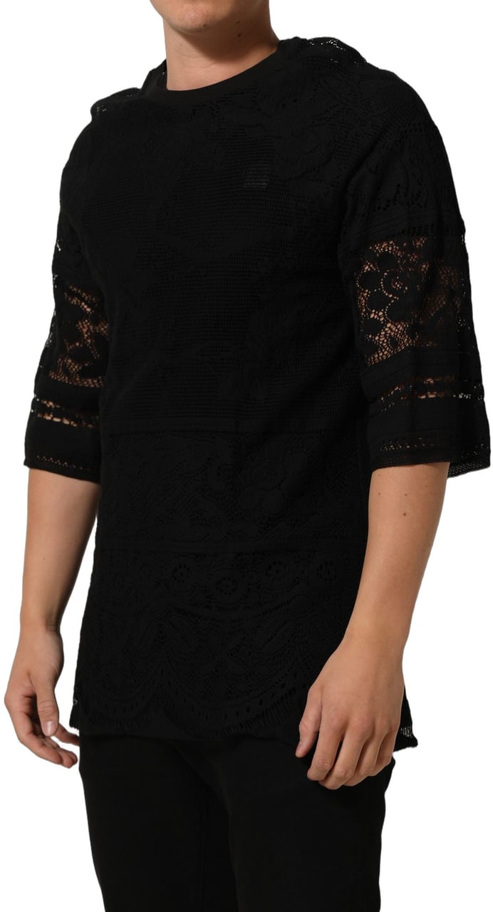 Dolce & Gabbana Black Cotton Floral Lace Crew Neck T-shirt Zwart