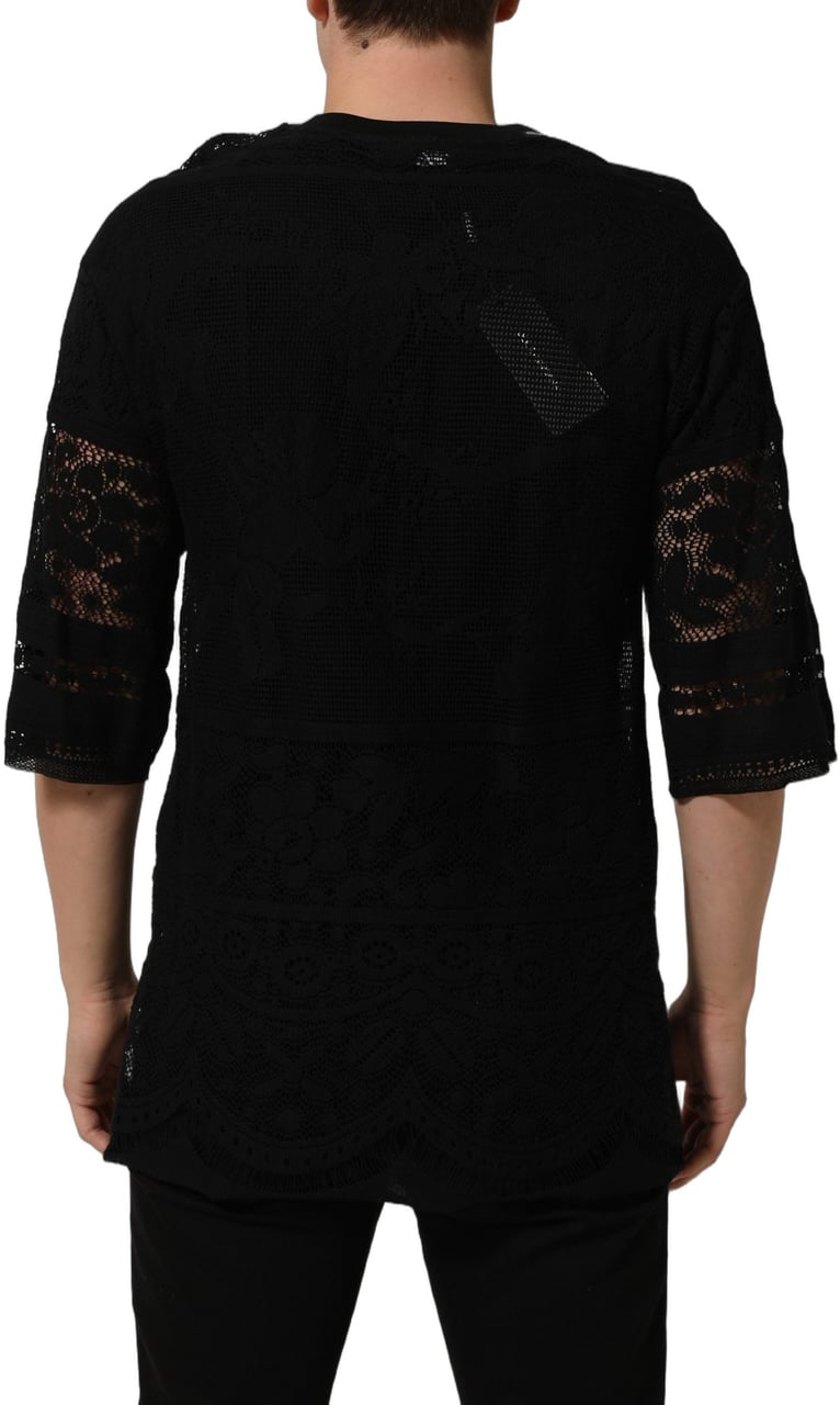 Dolce & Gabbana Black Cotton Floral Lace Crew Neck T-shirt Zwart