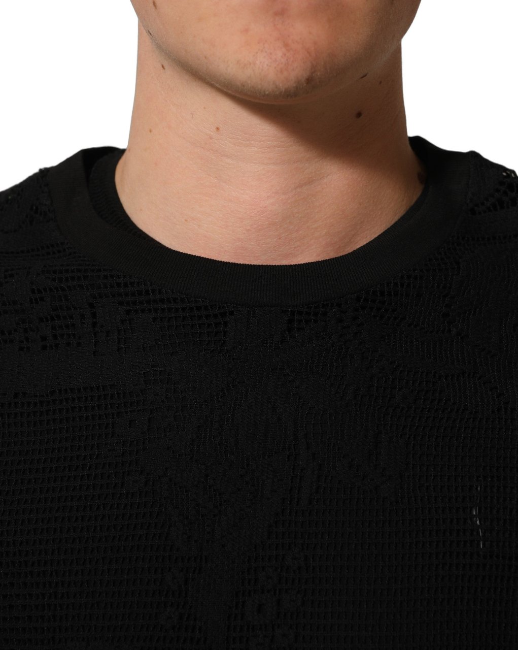 Dolce & Gabbana Black Cotton Floral Lace Crew Neck T-shirt Zwart