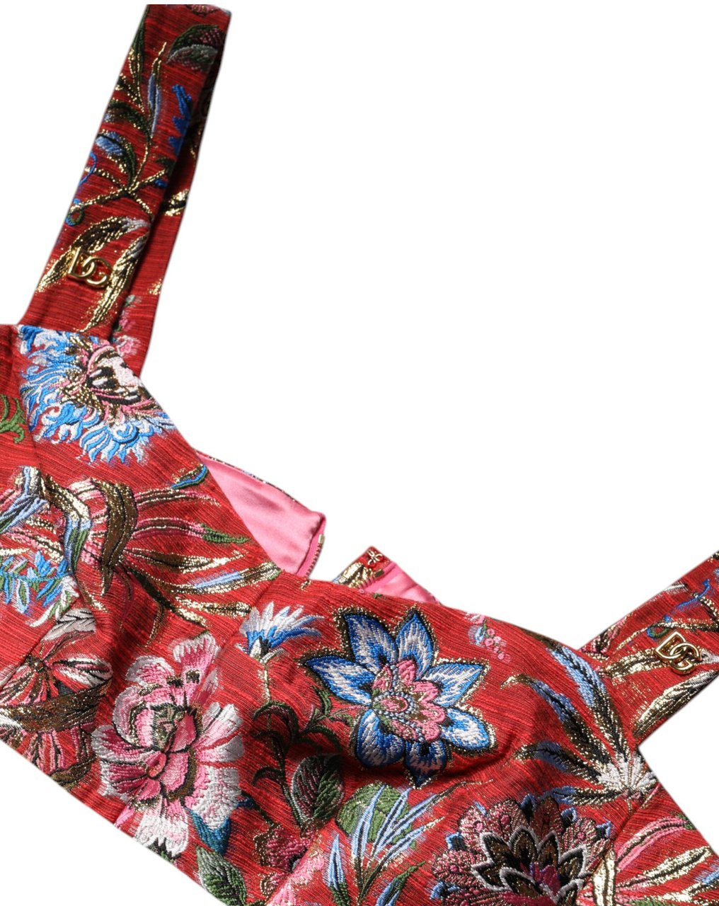 Dolce & Gabbana Red Floral Brocade Cropped Bustier Corset Top Rood