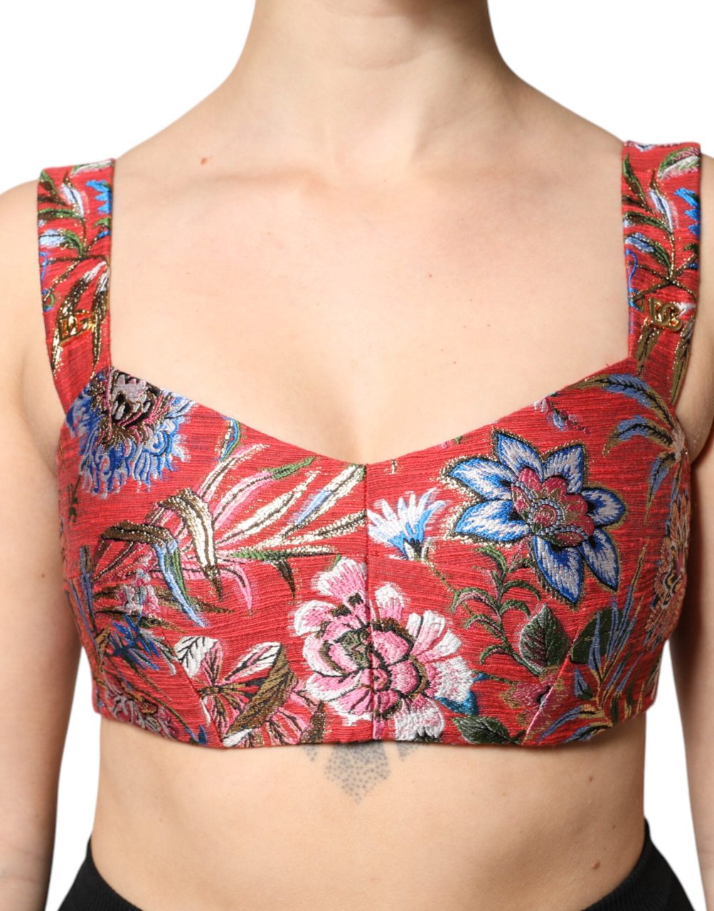 Dolce & Gabbana Red Floral Brocade Cropped Bustier Corset Top Rood