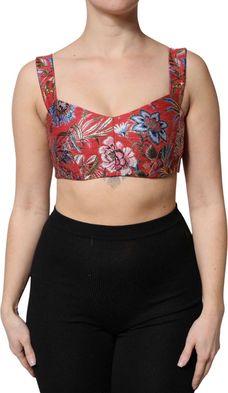 Dolce & Gabbana Red Floral Brocade Cropped Bustier Corset Top Rood