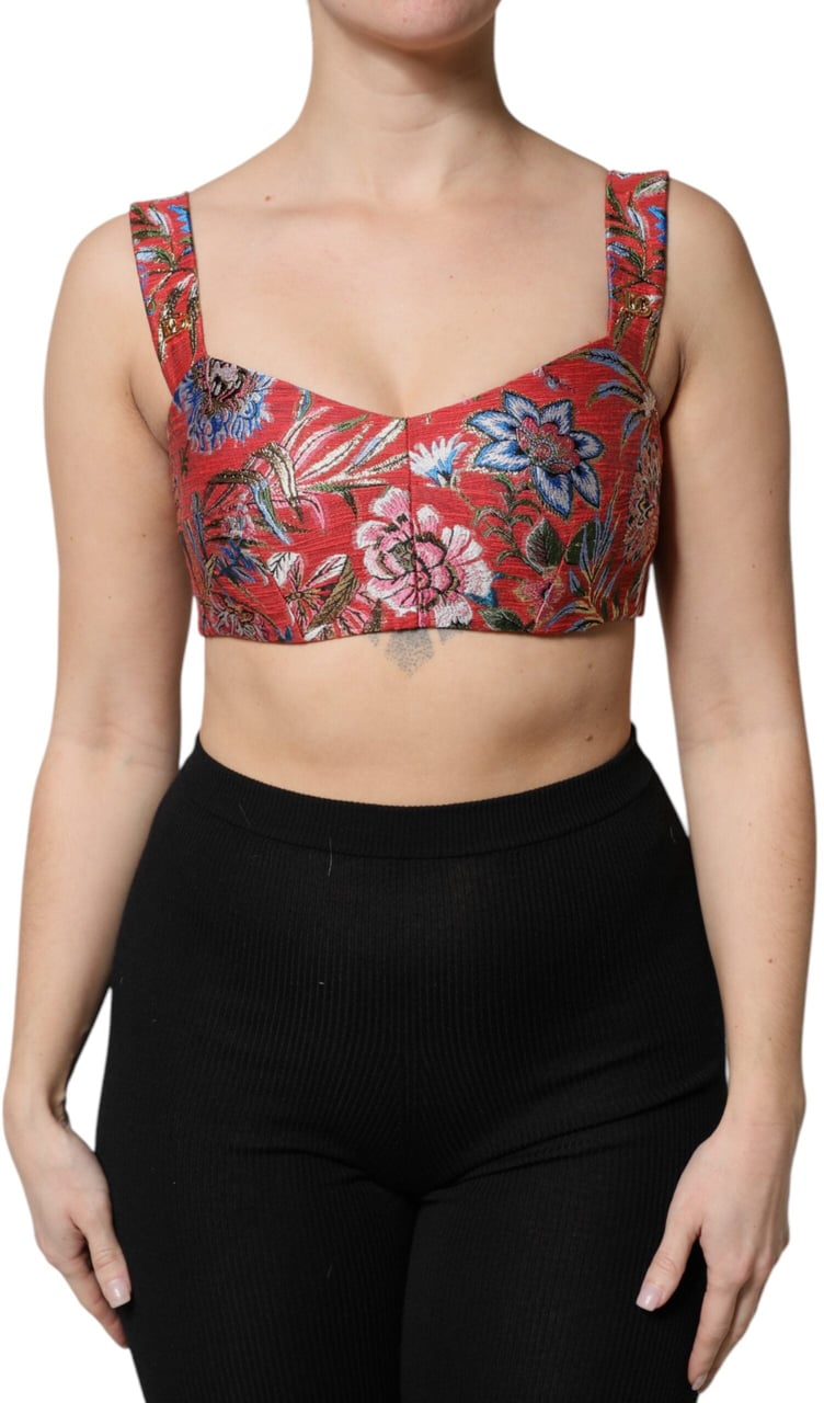 Dolce & Gabbana Red Floral Brocade Cropped Bustier Corset Top Rood