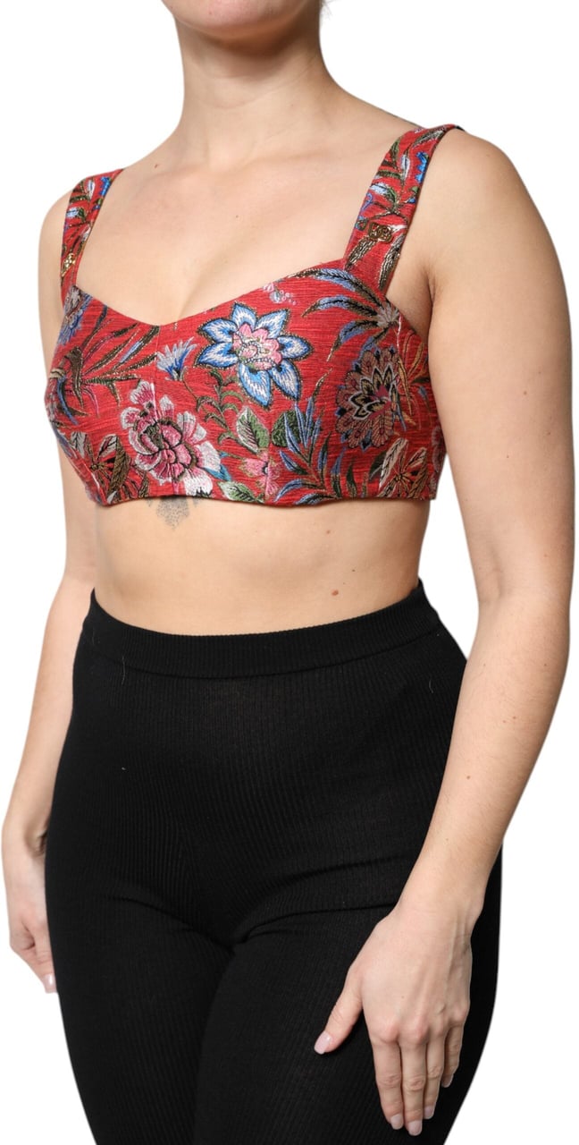 Dolce & Gabbana Red Floral Brocade Cropped Bustier Corset Top Rood