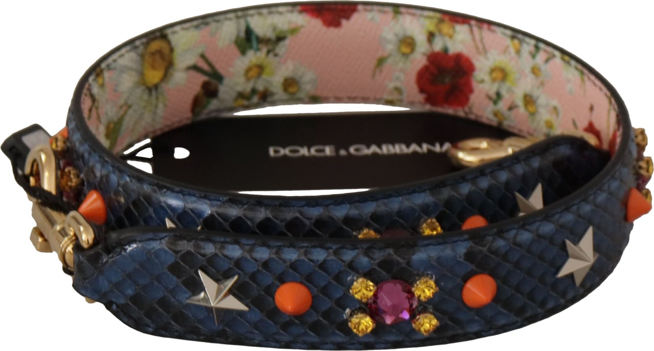 Dolce & Gabbana Blue Exotic Leather Crystals Reversible Shoulder Strap Blauw