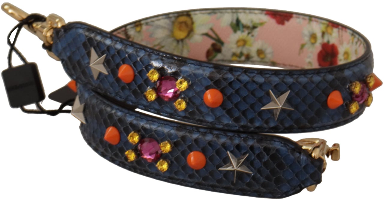 Dolce & Gabbana Blue Exotic Leather Crystals Reversible Shoulder Strap Blauw
