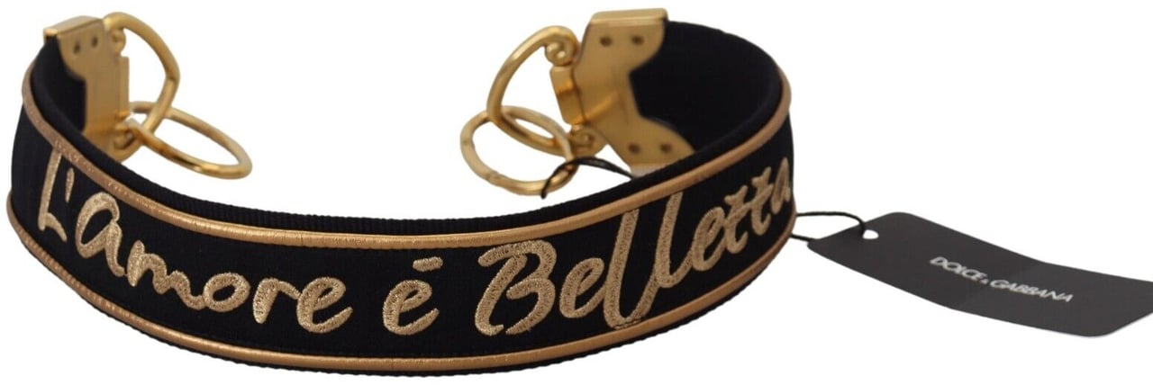 Dolce & Gabbana Black Gold Logo Print Brass Bag Shoulder Strap Zwart