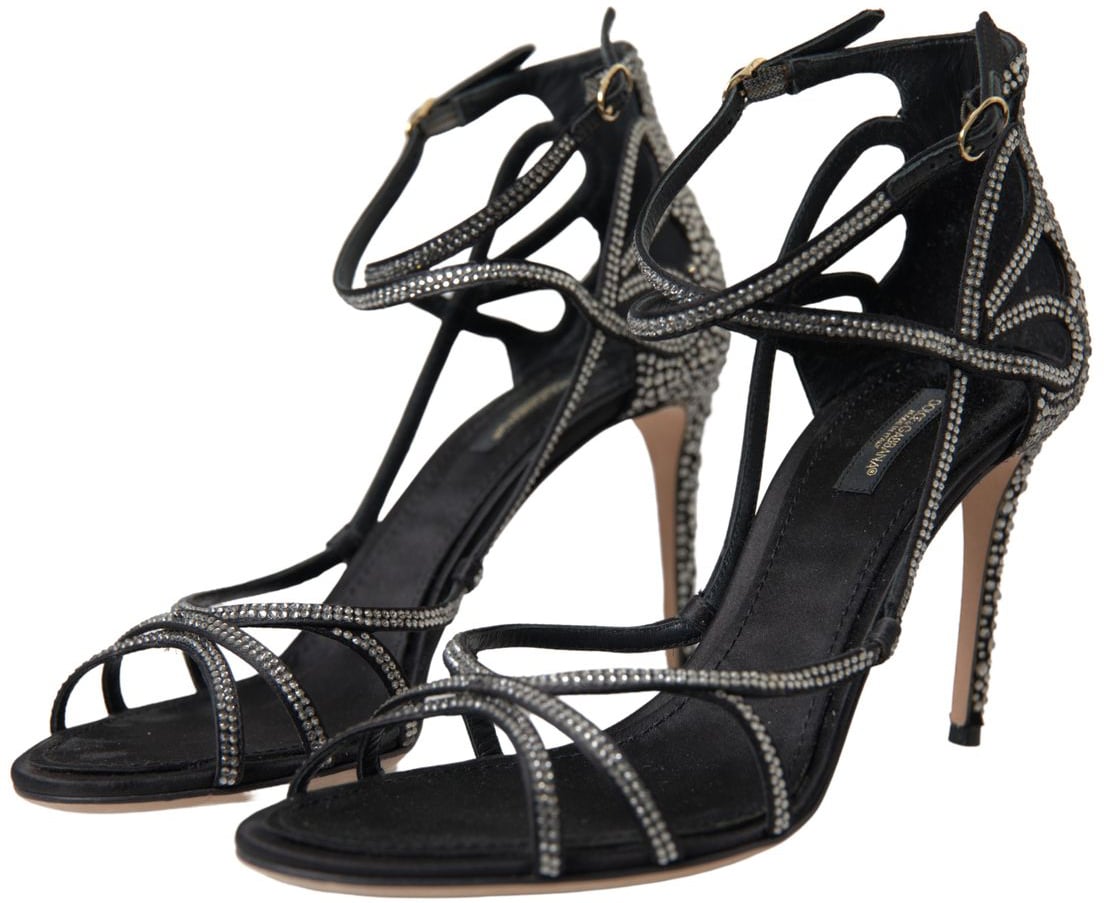 Dolce & Gabbana Rhinestone Stiletto Sandal Satin Shoes Zwart