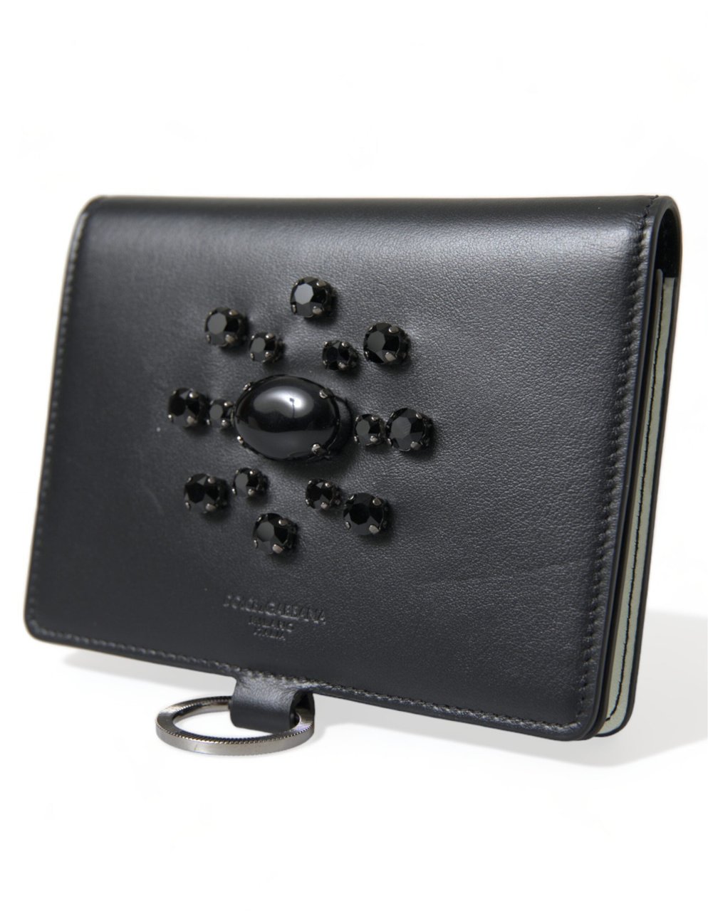 Dolce & Gabbana Black Leather Crystal Embellished Card Holder Wallet Zwart